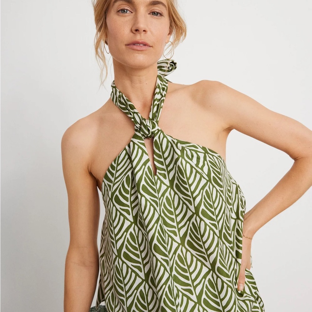 Unsubscribed Silk Green Leaf Print Halter Top